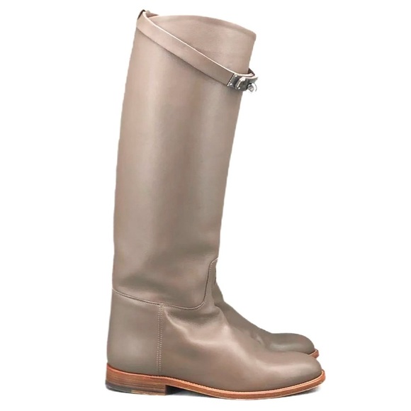Hermes Shoes - Hermès Jumping Boot Knee High Leather Kelly Lock Taupe Étoupe EU 36